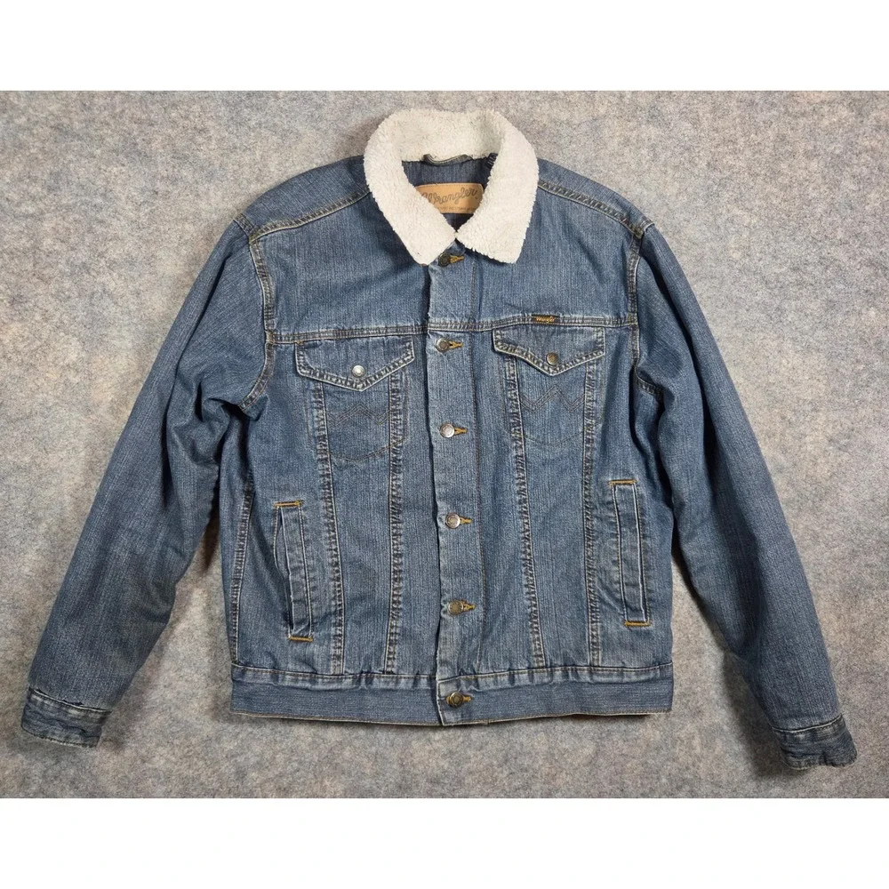 Wrangler Mens Sherpa Lined Denim Jacket Blue Western Trucker Jacket Size Small